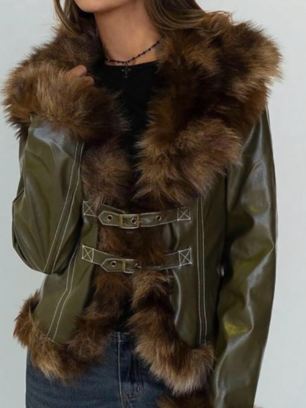 SHEIN Olive Green Faux-Leather Jacket with Brown Faux Fur Trim